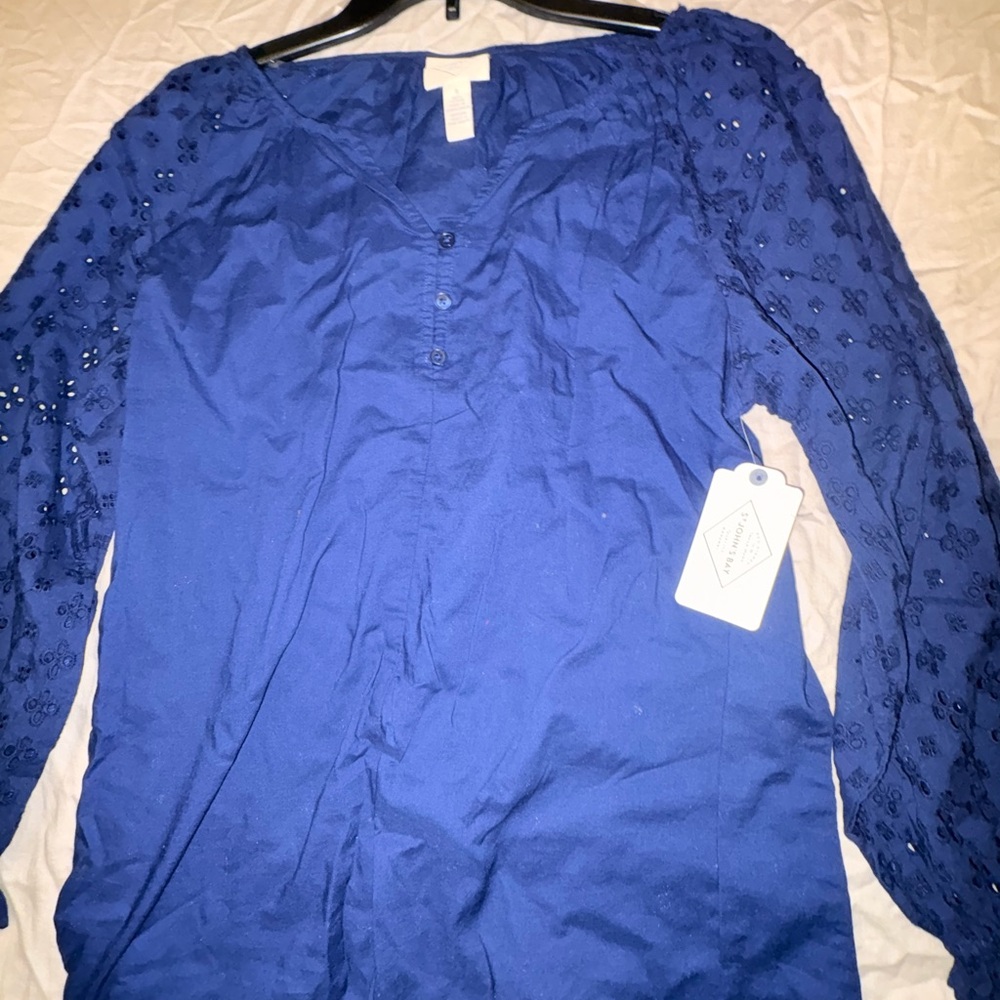 St. John's Bay Royal Blue Blouse with Embroidered Sleeves